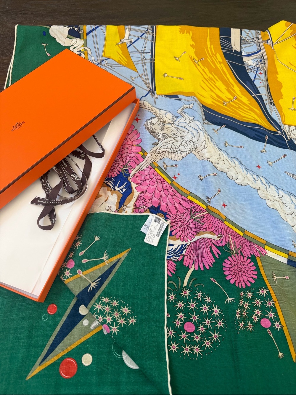 Hermes Green Silk Pocket Square with Pink, Blue and Cream Accents - Picture 2 of 10